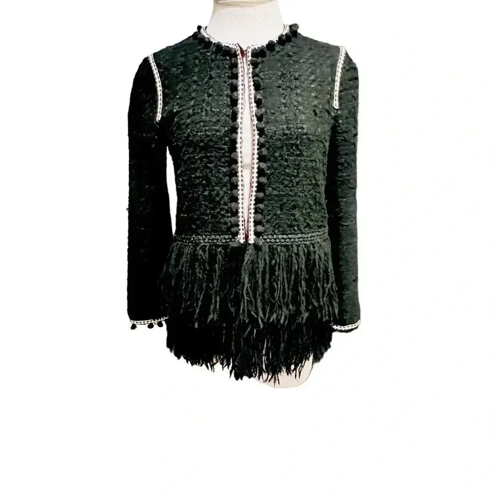 Zara Tweed Fringe Pom Pom Tassels Lined Boucle Jacket Blazer Black Size XS